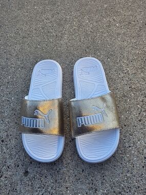 Puma  Metallic Gold Slide Sandals with White Footbed Women 10